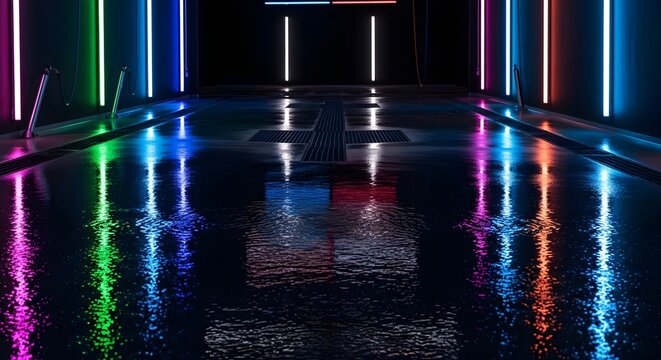 Illuminated car wash tunnel: vibrant neon lights reflecting in water, modern, abstract, and commercial use