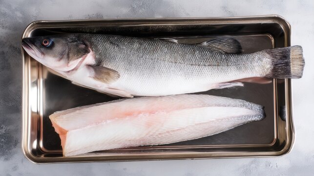 Fresh seabass whole and fillet on white background isolated. Generative AI