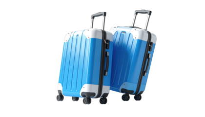 Two bright blue rolling suitcases set against a stark black backdrop