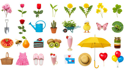 Spring Summer Icons Set Flowers Gardening Food Picnic Objects for Seasonal Web Design