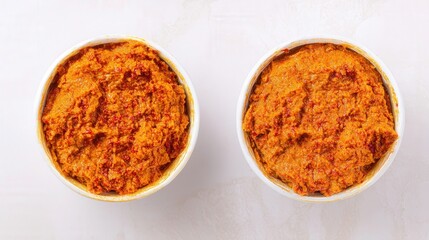 Spicy curry paste in white bowls isolated on white background. Generative AI