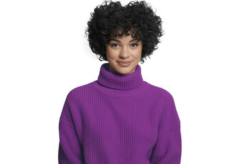 Portrait of Young Woman with Curly Hair Wearing Purple Turtleneck Isolated on White