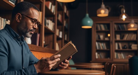 Close-Up of Serious Man with Beard and Glasses Reading a Book at a Table in a Cozy Library Setting