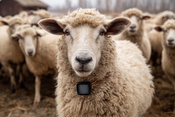 Fototapeta premium Chipped sheep with GPS trackers in their ears gather in a rural field during a cloudy day reflecting modern farming practices