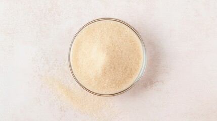 Raw gelatin powder in a clear glass bowl on a white isolated background. Generative AI