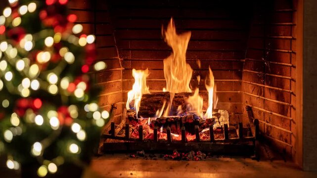 Christmas holiday home. Warm cozy burning fireplace and Xmas tree decoration