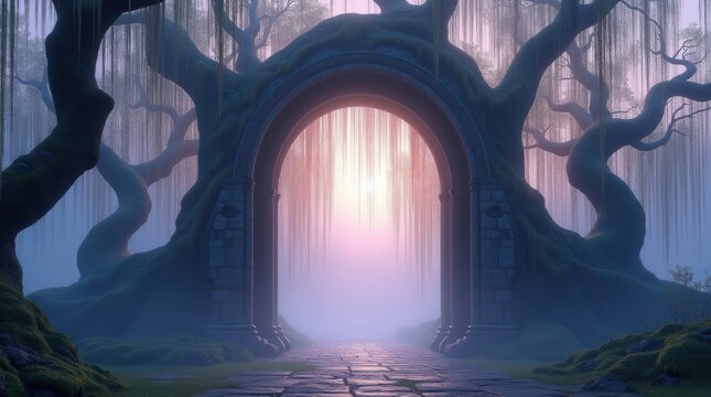 Mysterious glowing portal framed by ancient gnarled trees in a misty forest - Powered by Adobe