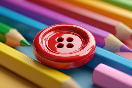 Bright red button with four holes rests on colorful pencils and crayons, symbolizing education and creativity in a vibrant workspace