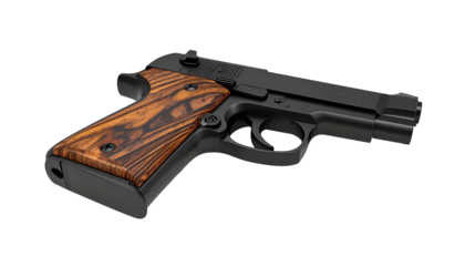 Sleek, black firearm with wood-grain grip angled on black backdrop