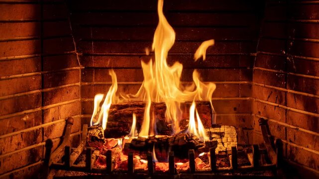 Fireplace burning firewood, fire flames on wood logs, bricks background. Cozy warm home at Christmas