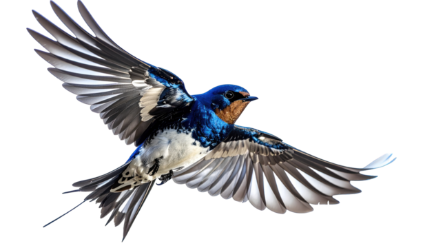 A swallow in full flight, showcasing vibrant blue, brown, and white plumage against black