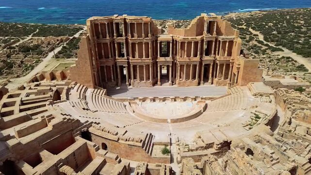 Aerial drone view of the Roman Theatre of Sabratha, one of Libya's most iconic archaeological sites
