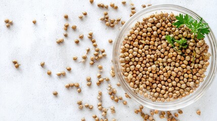 Coriander seeds in a glass bowl on white isolated background. Generative AI