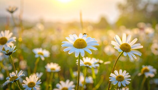 Field of daisies bathed in golden sunlight