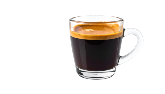 A close-up of a glass mug filled with dark, rich coffee and a layer of crema