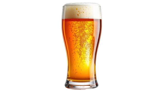 Tall, clear glass filled with golden beer, capped by a thick, foamy head, on black