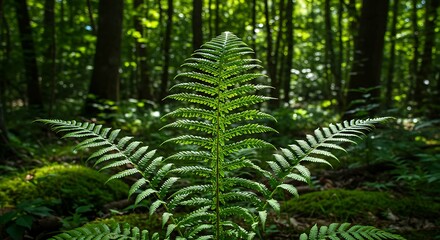 Lush fern frond in focus amidst verdant forest greenery, with dappled sunlight