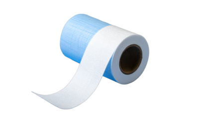 Unspooling roll of blue and white textured material against a solid black background