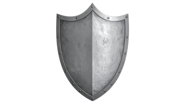 Metallic shield with a two-tone design, rivets, and a dark background
