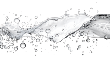 Dynamic illustration of water; fluid motion, ripples, bubbles, and splash