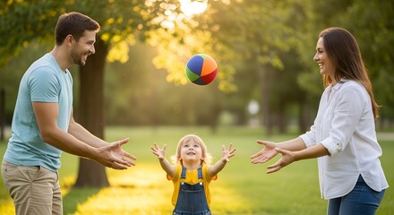 Family playing catch with colorful ball in sunlit park  