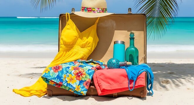 Tropical beach vacation essentials suitcase, yellow dress, floral shirt, hat, and beach accessories on white sand near turquoise sea