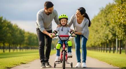 Young girl learning to ride a bike with parents in the park  