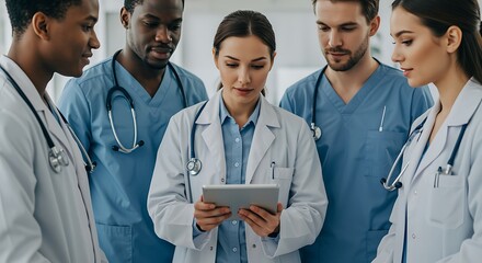 Diverse group of medical professionals collaborating and using a digital tablet