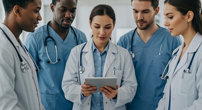 Diverse group of medical professionals collaborating and using a digital tablet