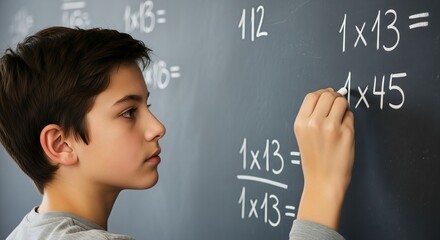 Side View of Focused Schoolboy Writing a Mathematics Equation on a Chalkboard