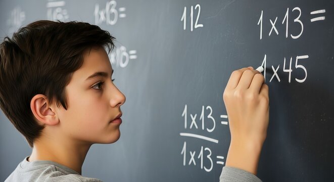 Side View of Focused Schoolboy Writing a Mathematics Equation on a Chalkboard