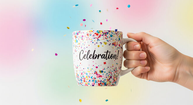 Raise a cup to success and new beginnings with vibrant confetti and a celebratory message, perfect for announcements and cheerful greetings!