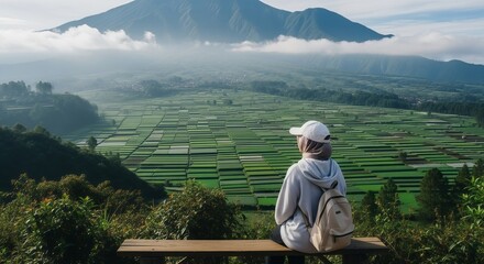 Rear View of a Woman Sitting on a Bench, Overlooking Lush Green Patchwork Fields and a Mountain Landscape