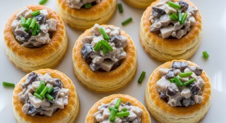 Savory vol-au-vents filled with creamy mushroom and chicken mixture, garnished with chives.