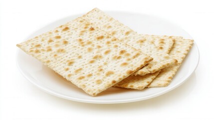 Fototapeta premium Crisp Matzo Crackers on White Plate isolated. Generative AI
