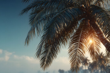 Fototapeta premium Serene Tropical Sunset with Palm Trees for Relaxation-Themed Designs