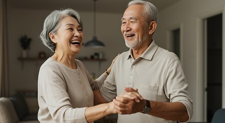 Fototapeta premium Joyful Senior Asian Couple Dancing and Laughing Together in Their Home