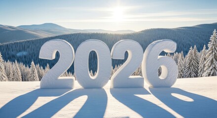 Snowy landscape with large white 2026 numbers in winter scenery