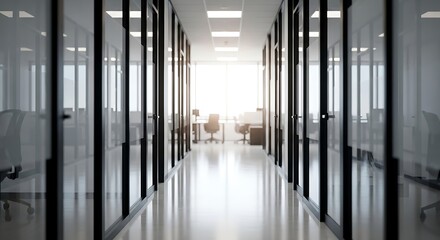 A bright, empty office hallway with glasswalled rooms, creating a sense of modern corporate space and professional environment