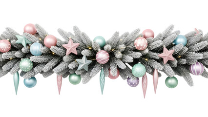 Stylish Christmas garland made of frosted pine branches and matte pastel ornaments, long horizontal layout on white.