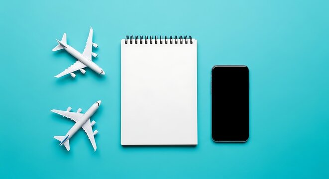 Travel planning concept with airplane models, blank notebook, and smartphone on blue background, symbolizing vacation preparation and journey organization