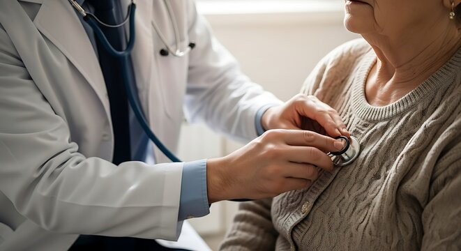 Doctor examining senior patient with stethoscope, providing medical care and support, focusing on heart health and respiratory system assessment