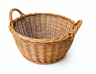 Fototapeta premium Wicker Basket with Handles on White Background Rustic Storage Container for Home Decor, Shopping, or Presents.