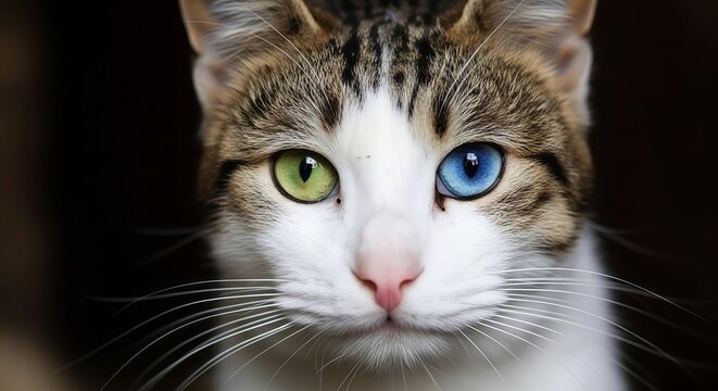 Striking Close-Up Portrait of a Tabby and White Cat with Heterochromia (One Blue and One Green Eye)