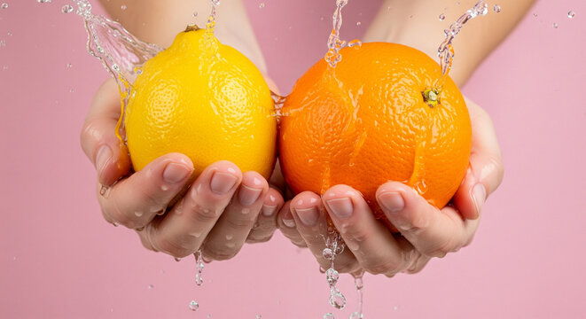 Fresh citrus splash! Two hands holding vibrant lemon and orange with refreshing water droplets against a modern pink backdrop, ideal for wellness campaigns