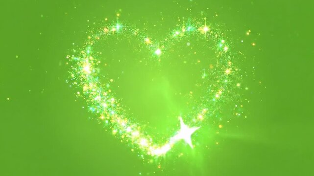 Green star trail in the shape of a heart. Shimmering dust flying and leaving behind a heart-shaped trail. Bright dust particles glow with the special festive light of Christmas on light green screen