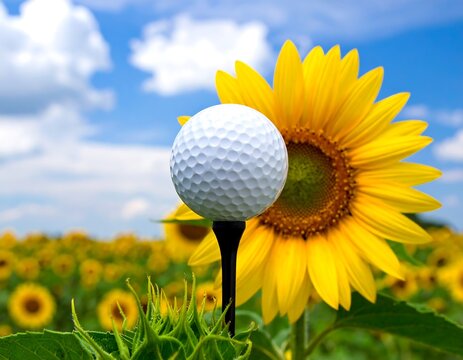 Golf ball on tee next to sunflower in a field with blue sky