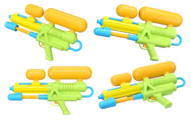 Set of plastic water gun toy for playing in swimming pool on white background