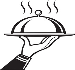 Food service vector icon set: restaurant cloche, menu, and chef hat symbols for kitchen and dinner design