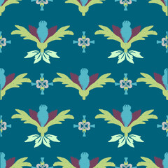 Ikat seamless background with decorative flowers. Floral pattern. Textile rapport. Fabric in vintage fabric style. Retro vintage styles. Ideas for wallpapers, rugs, and textiles.